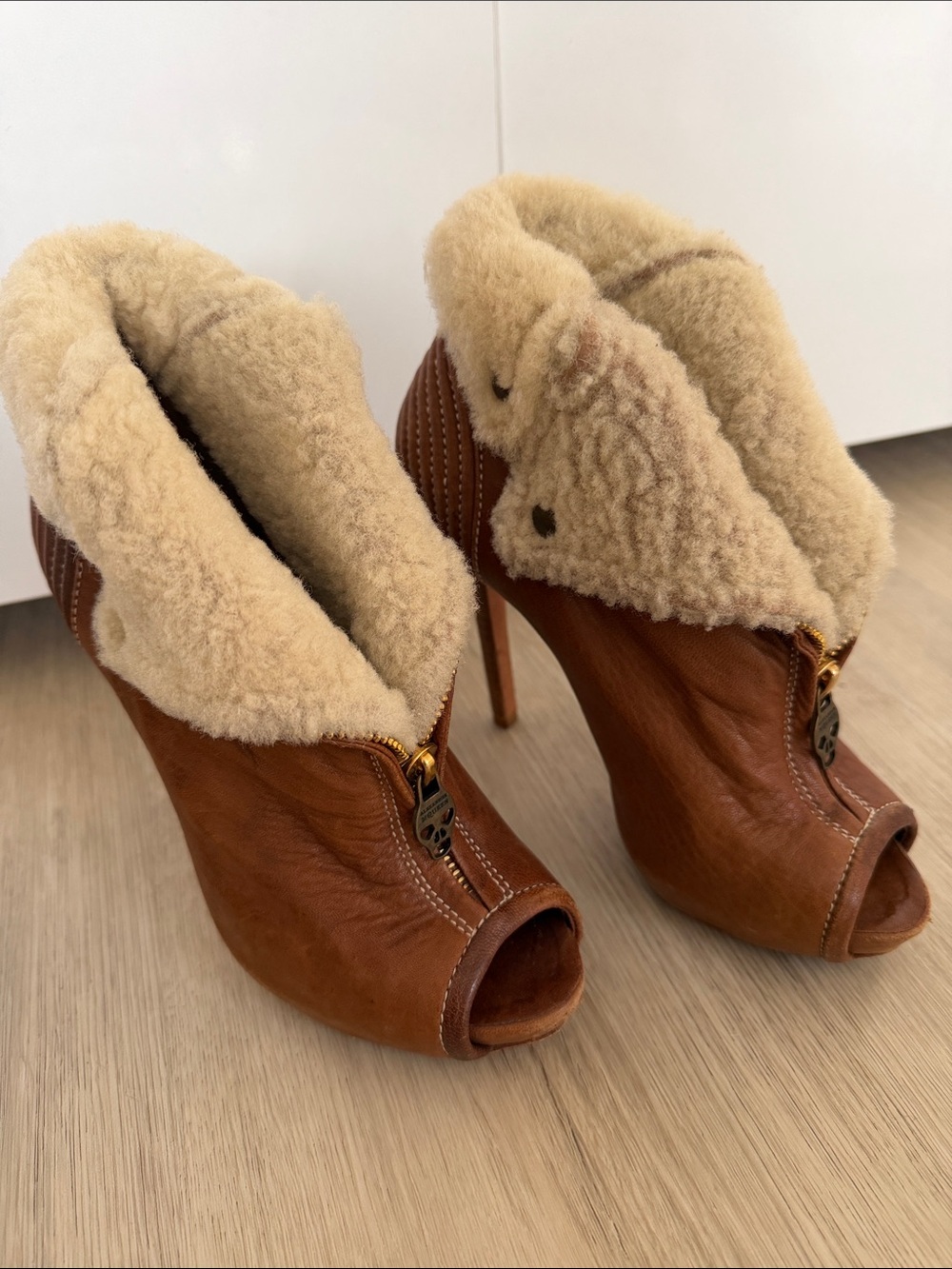 Alexander McQueen (Authentic) Brown Shearling-Lined Peep-Toe Stiletto Booties